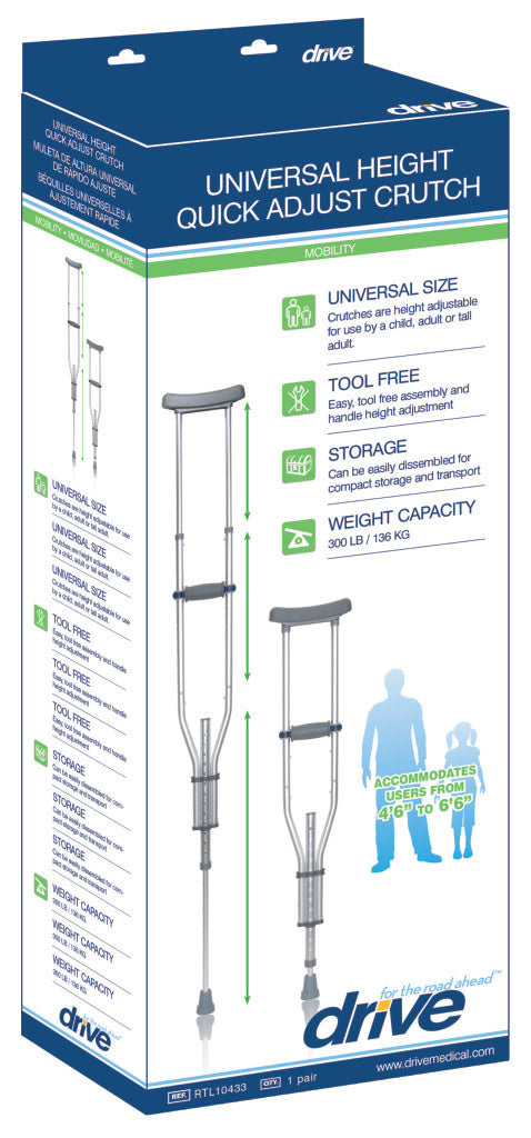 Drive Universal Quick Adjust Crutches Range 4'6" - 6'6" Pair 300lb