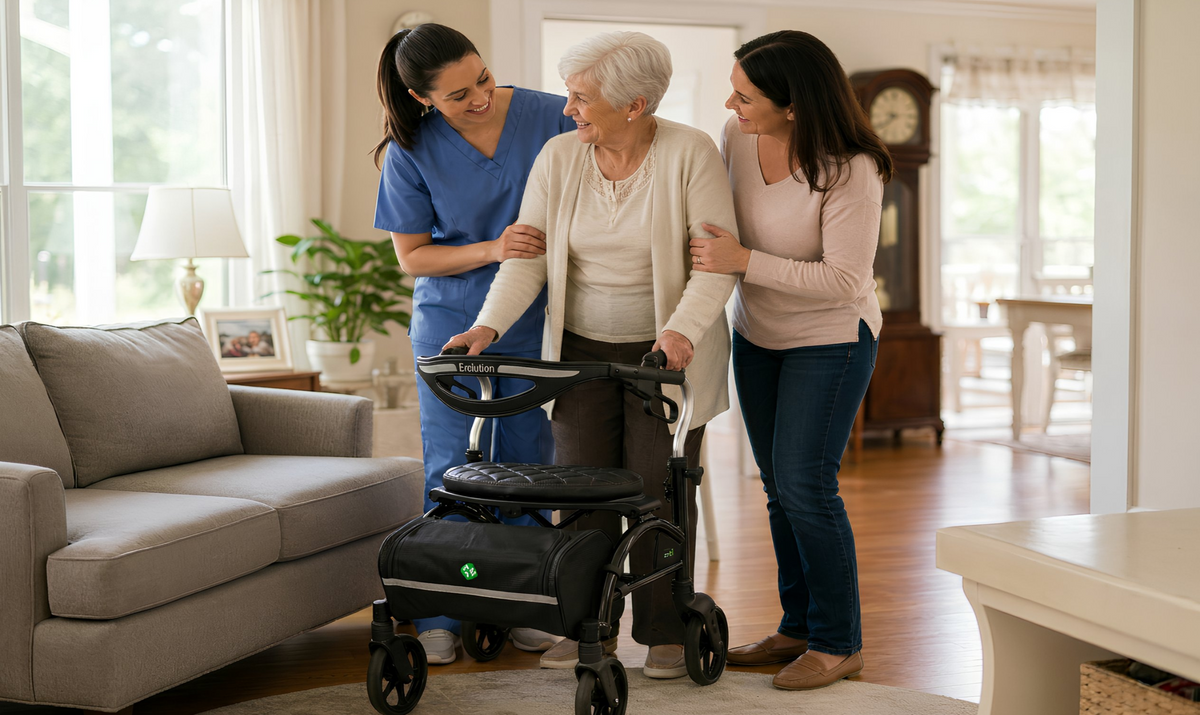 A senior walking with a rollator alongside a family member