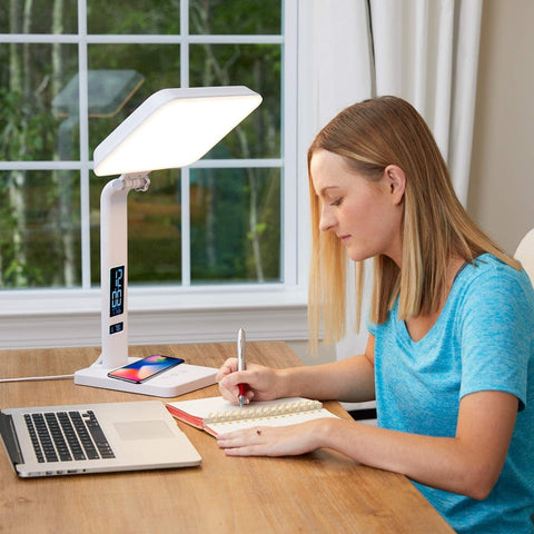 Theralite Aura Qi Light Therapy Sun Lamp - UV Free 10,000 LUX Light Therapy Lamp - Includes Alarm Clock, Phone Charger, USB Port