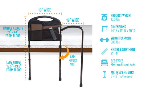 Stander Swing Away Mobility Bed Rail + Organizer Pouch
