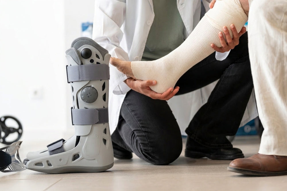 A client fitted with an Aircast walking boot