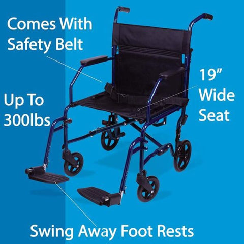 Carex  Classics Steel Frame Transport Chair 300 lbs Weight Capacity Black Upholstery