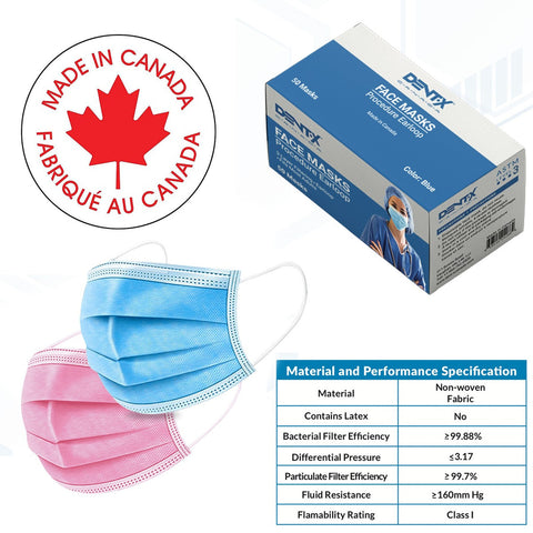 Dent-X Made in Canada Disposable Face Mask 3 Ply ASTM Level 3 Adult 50/bx