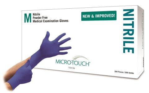 Ansell Micro-Touch Nitrile Gloves, Sterile, Blue, Medium, 4.3 mil, Extended Cuff 11.6" 50/Bx