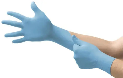 Ansell Micro-Touch Nitrile Gloves Sterile Blue Medium 4.3 mil Extended Cuff 11.6"