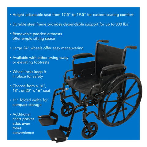 ProBasics K2 Wheelchair w/ Flip Back Arms 16" Depth