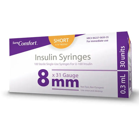 Sure Comfort Insulin Syringes 31G 5/16" (8mm) 3/10cc 1/2 Unit 10/Bg